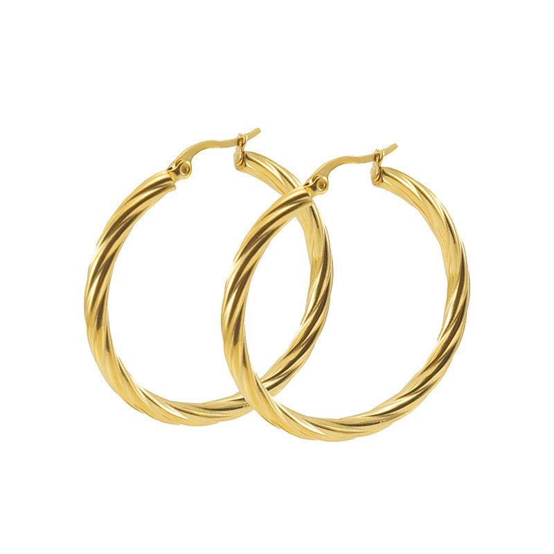 Wholesale 18K Stainless Steel Stripes Fashionable and Versatile Titanium Steel Round Buckle Earrings
